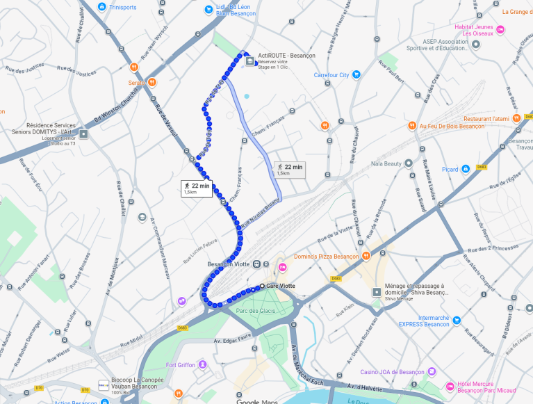 Itinéraire à pied (~20 minutes) entre la gare Viotte et l'hôtel